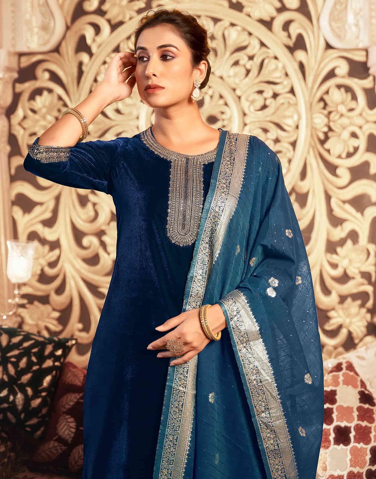 Rama Blue Velvet Plain Straight Kurta Set With Dupatta