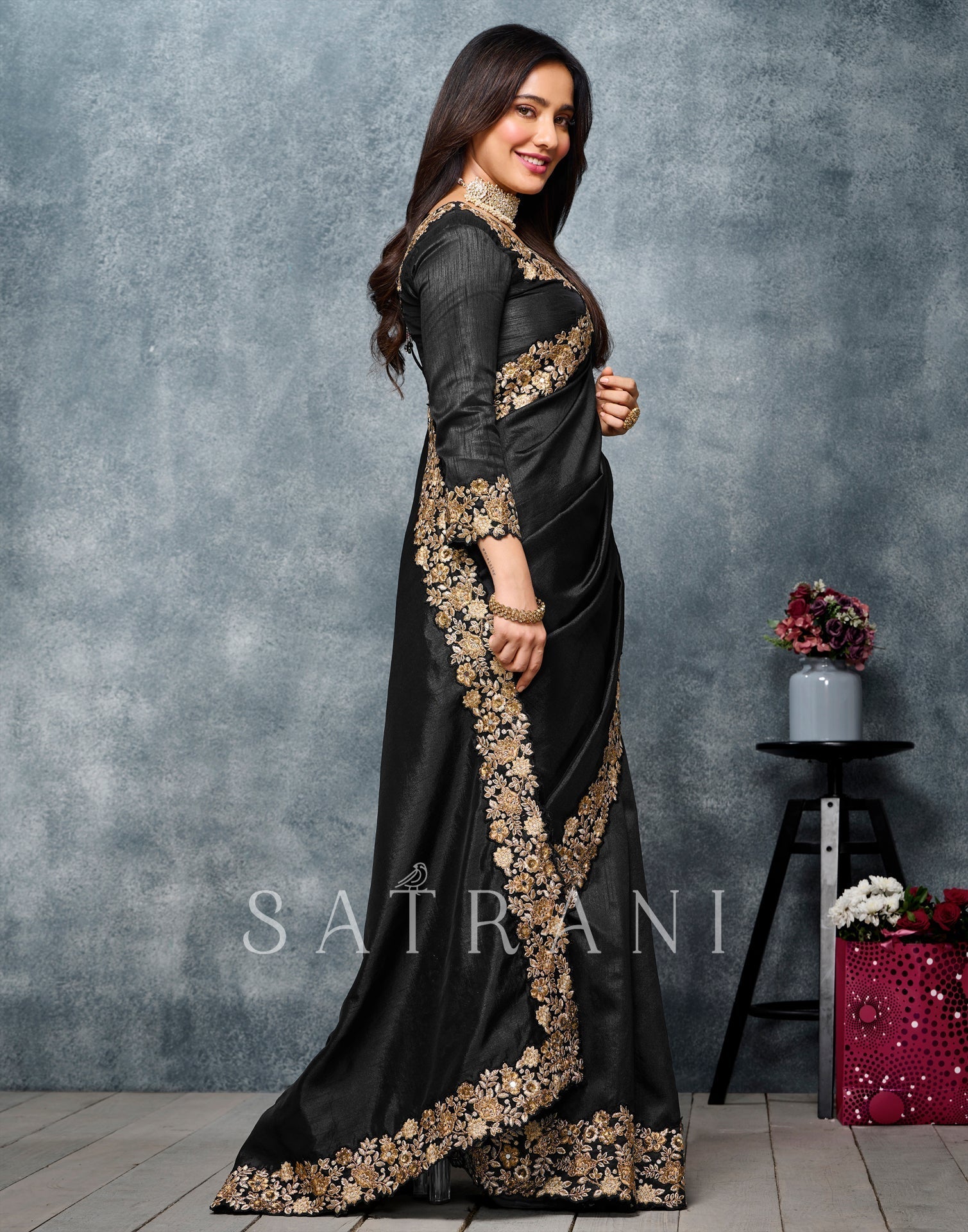 Black Coloured Poly Silk Embroidered Partywear Saree | Sudathi