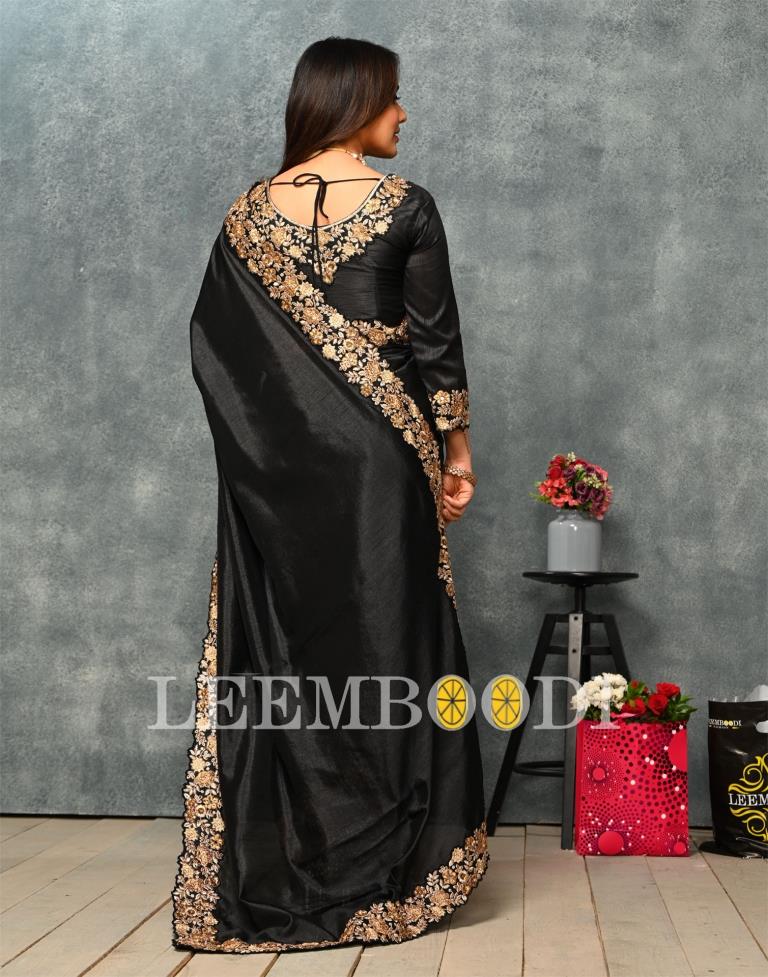 Black Coloured Poly Silk Embroidered Partywear Saree | Sudathi