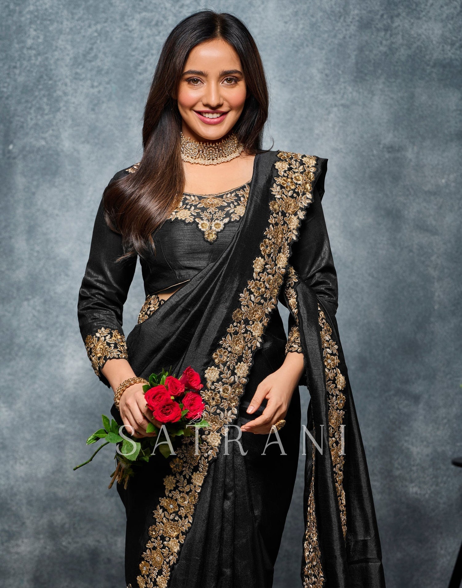 Black Coloured Poly Silk Embroidered Partywear Saree | Sudathi