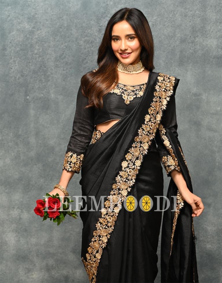 Black Coloured Poly Silk Embroidered Partywear Saree | Sudathi