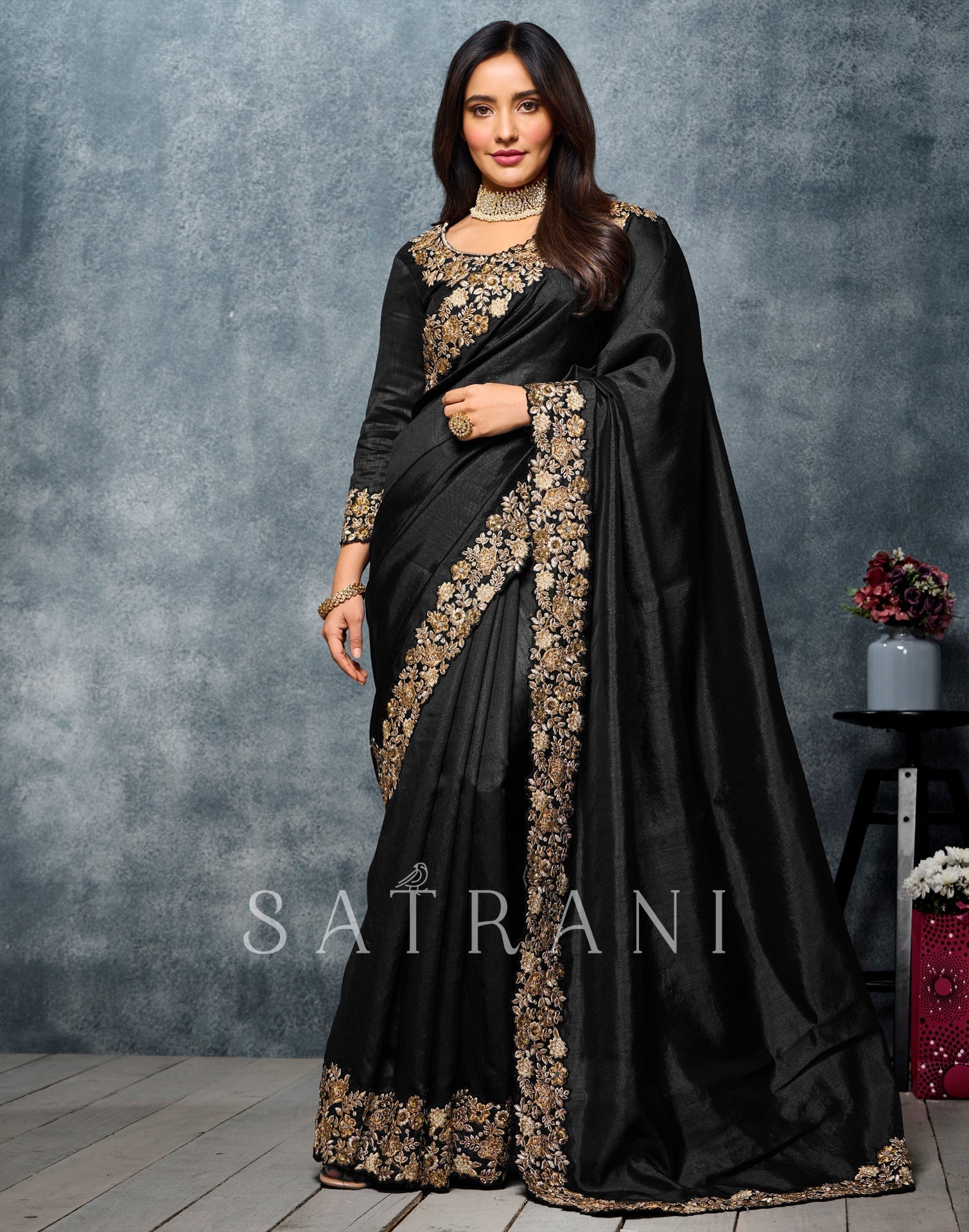 Black Coloured Poly Silk Embroidered Partywear Saree | Sudathi