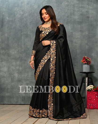 Black Coloured Poly Silk Embroidered Partywear Saree | Sudathi