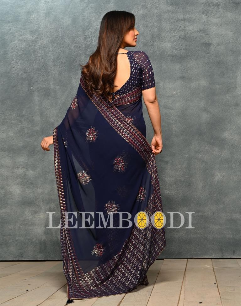 Navy Blue Coloured Georgette Foil And Pigment Printed Partywear Saree | Sudathi