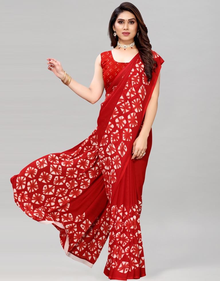 Red Coloured Printed Georgette Saree | Sudathi