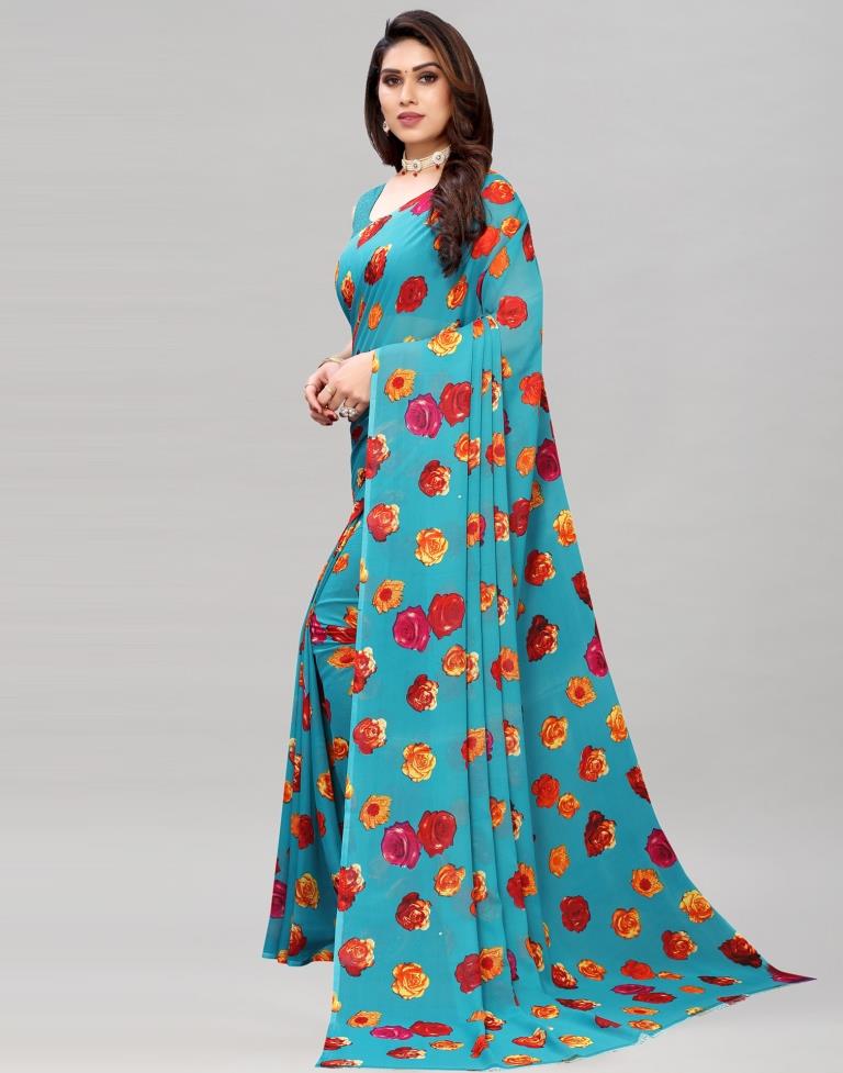 Teal Blue Coloured Georgette Floral Printed Saree | Sudathi