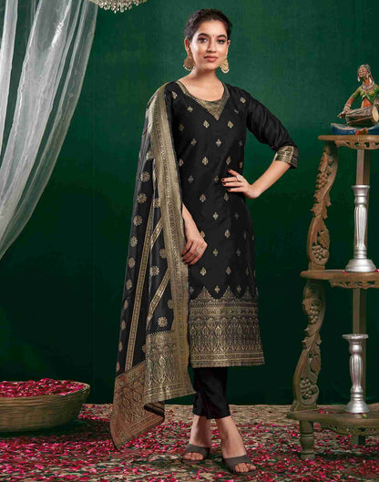 Black Silk Woven Straight Kurta Set With Dupatta