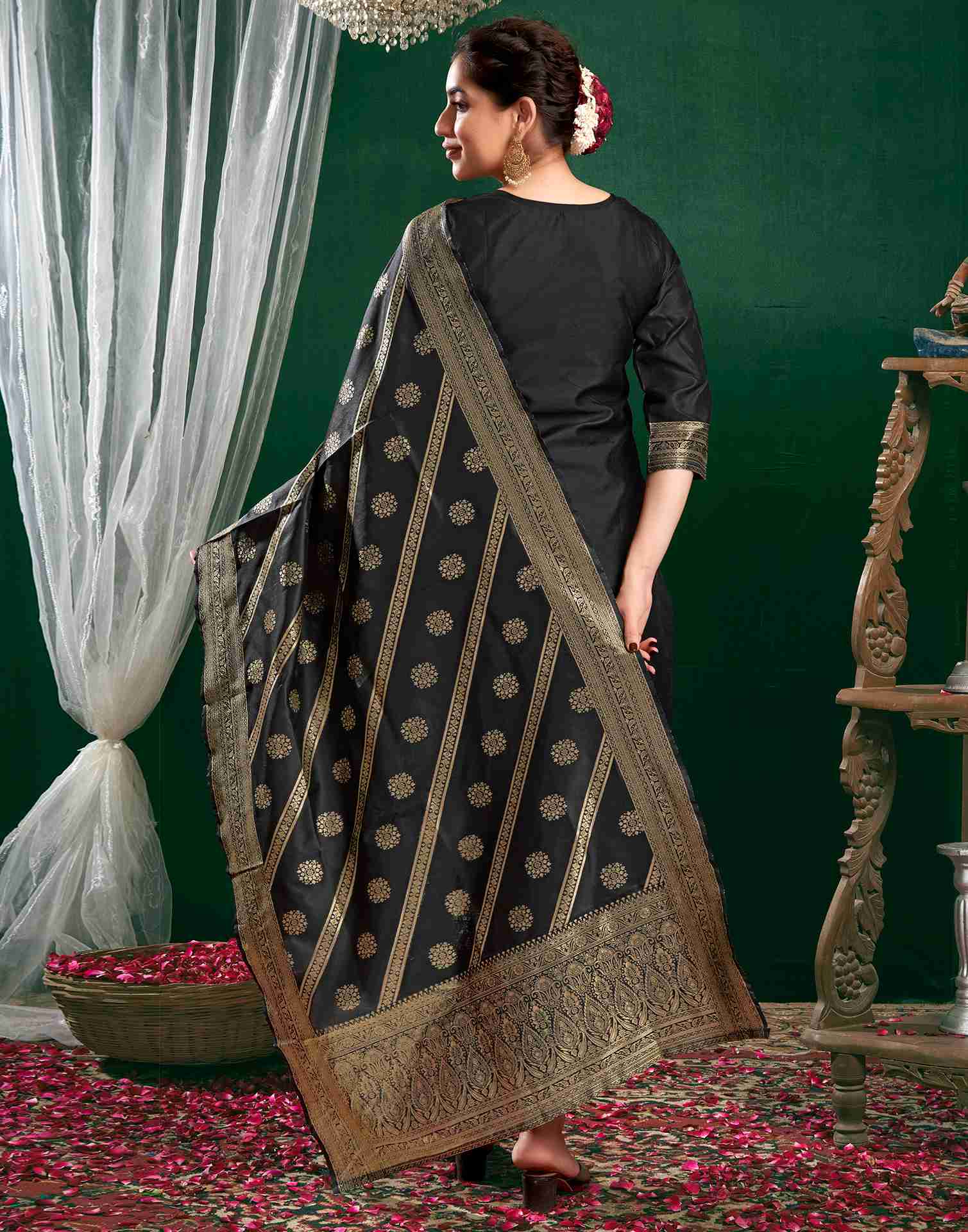 Black Silk Woven Straight Kurta Set With Dupatta