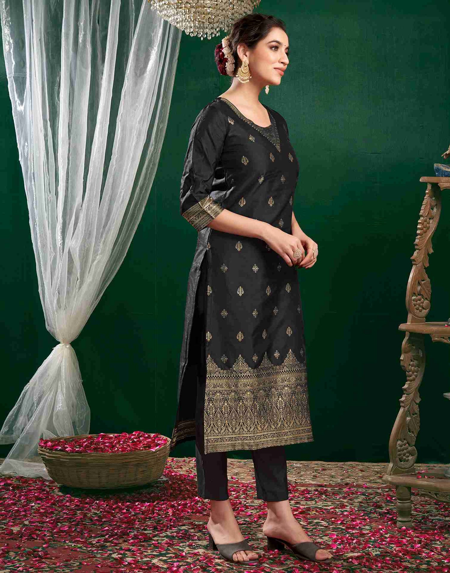 Black Silk Woven Straight Kurta Set With Dupatta