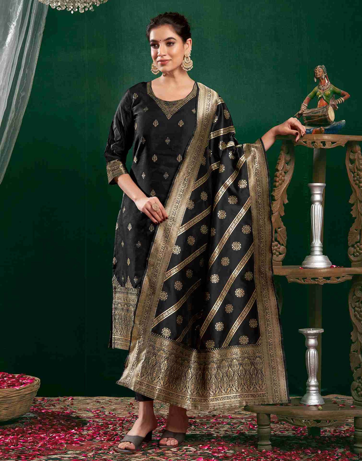 Black Silk Woven Straight Kurta Set With Dupatta