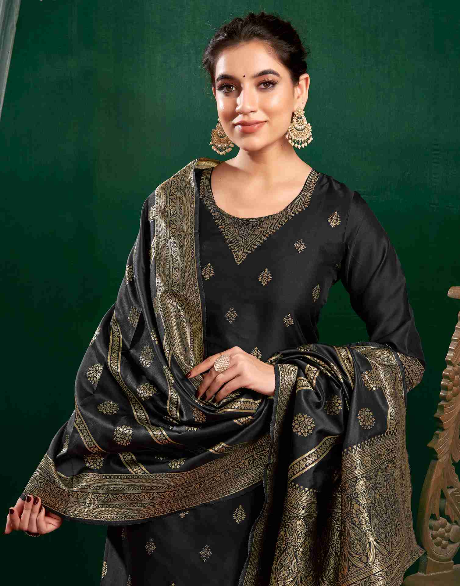 Black Silk Woven Straight Kurta Set With Dupatta