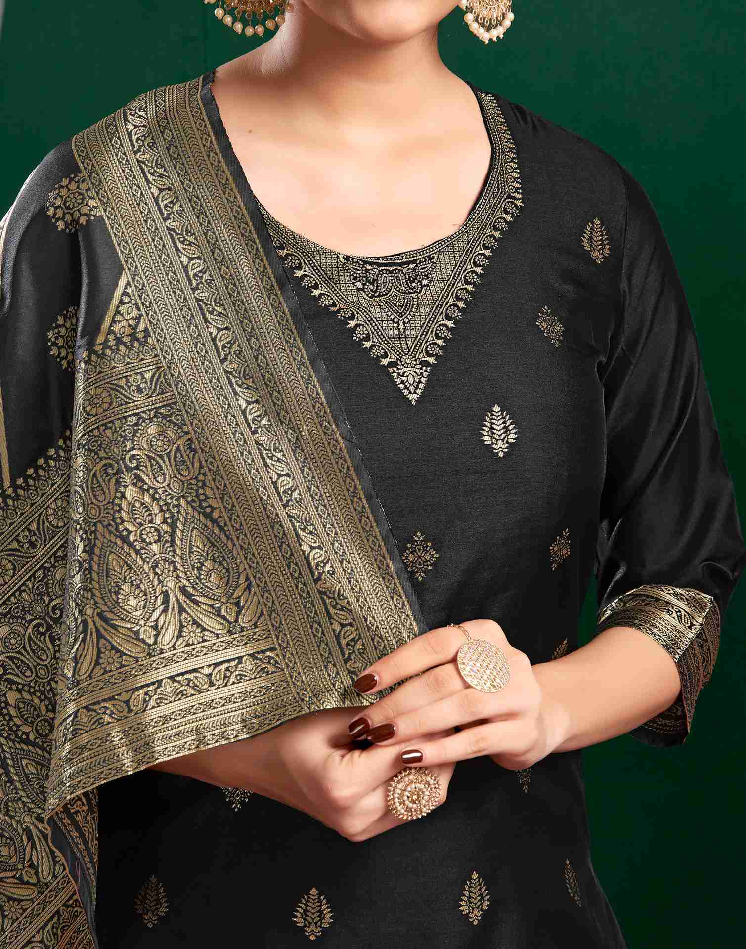 Black Silk Woven Straight Kurta Set With Dupatta