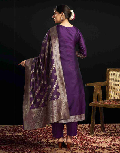 Deep Purple Silk Woven Straight Kurta Set With Dupatta