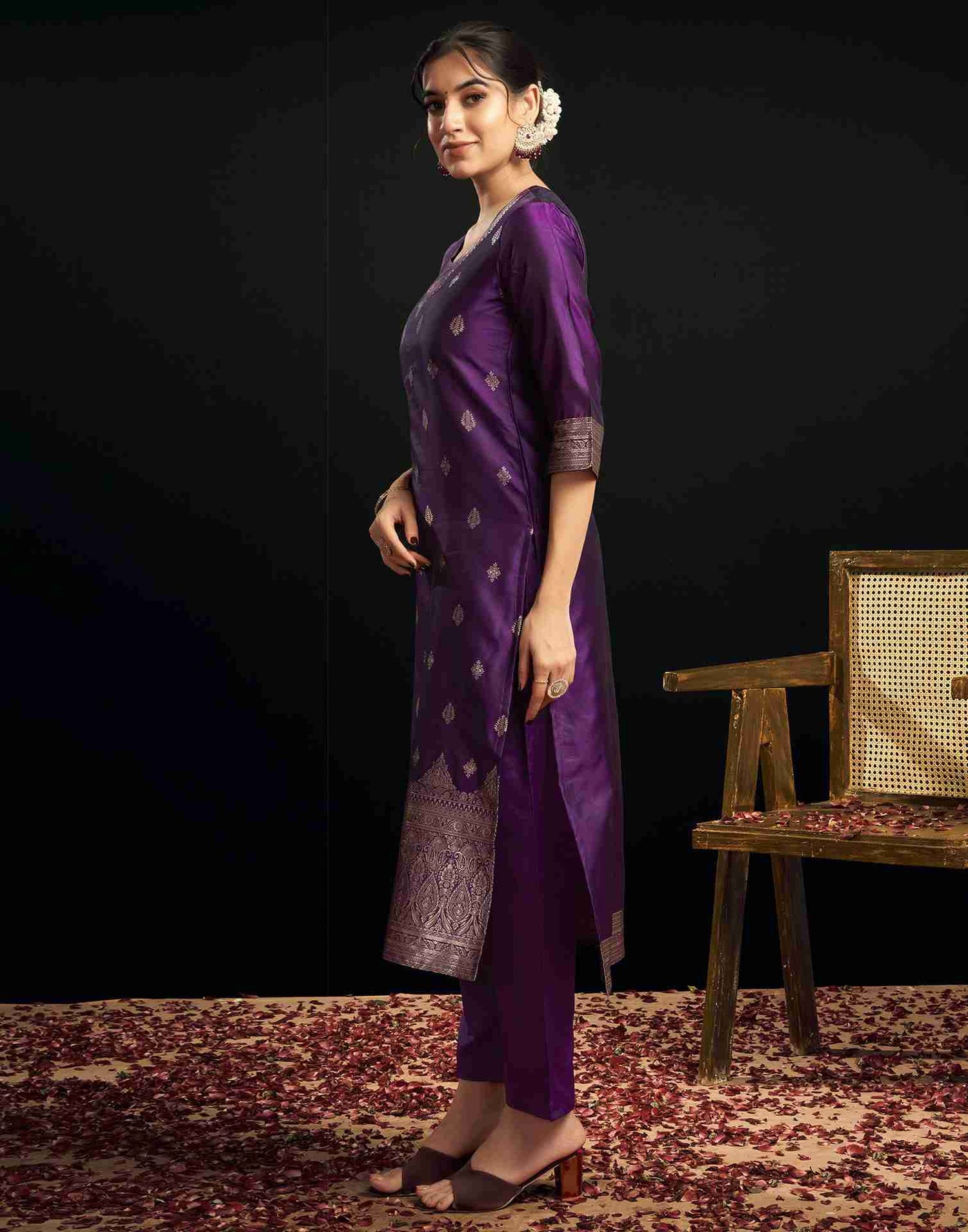 Deep Purple Silk Woven Straight Kurta Set With Dupatta