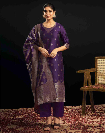 Deep Purple Silk Woven Straight Kurta Set With Dupatta