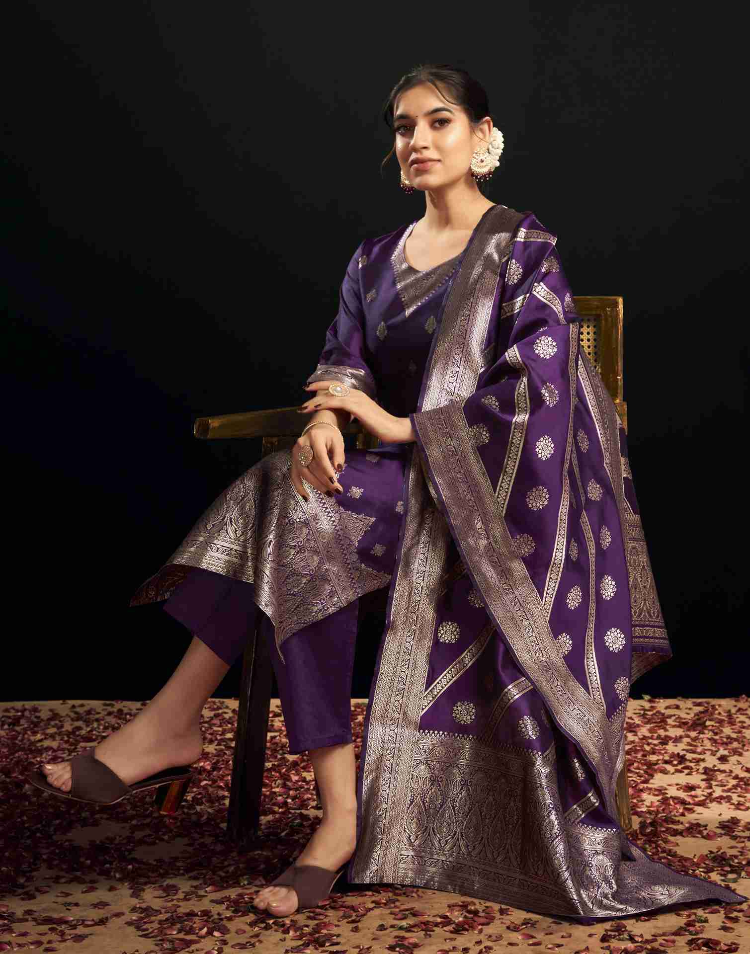 Deep Purple Silk Woven Straight Kurta Set With Dupatta