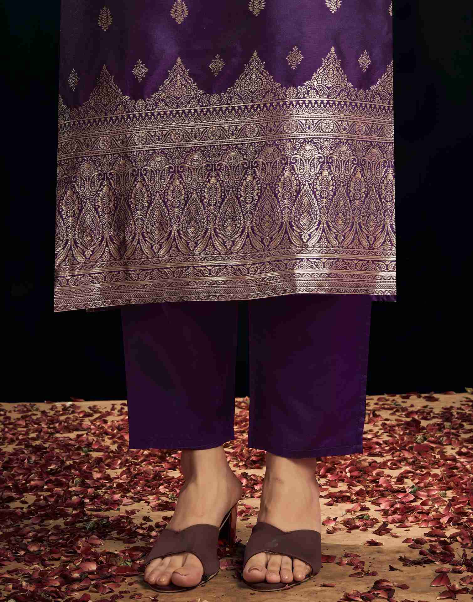 Deep Purple Silk Woven Straight Kurta Set With Dupatta