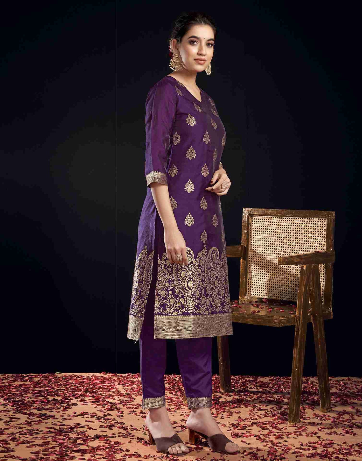 Dark Purple Silk Woven Straight Kurta Set With Dupatta