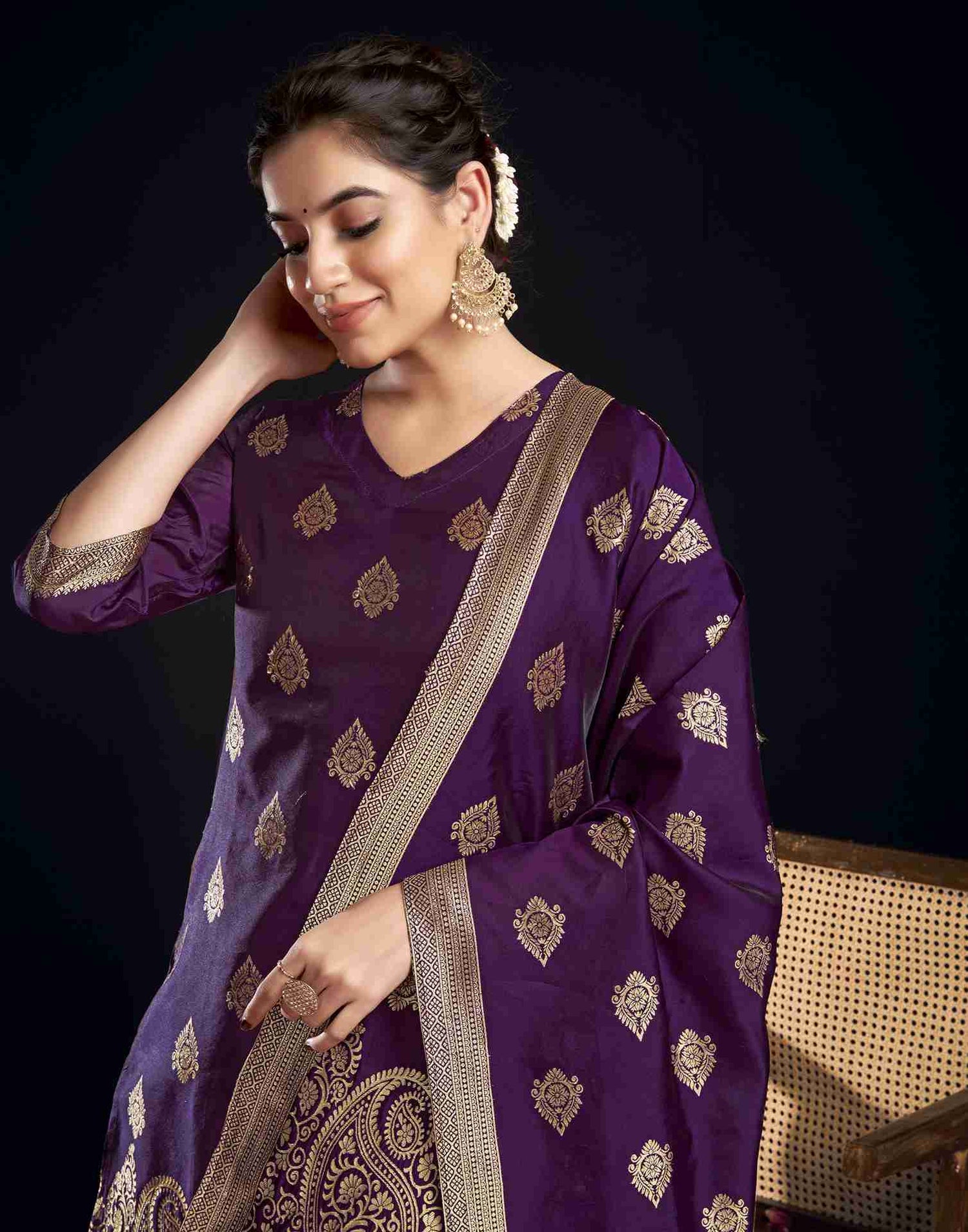 Dark Purple Silk Woven Straight Kurta Set With Dupatta