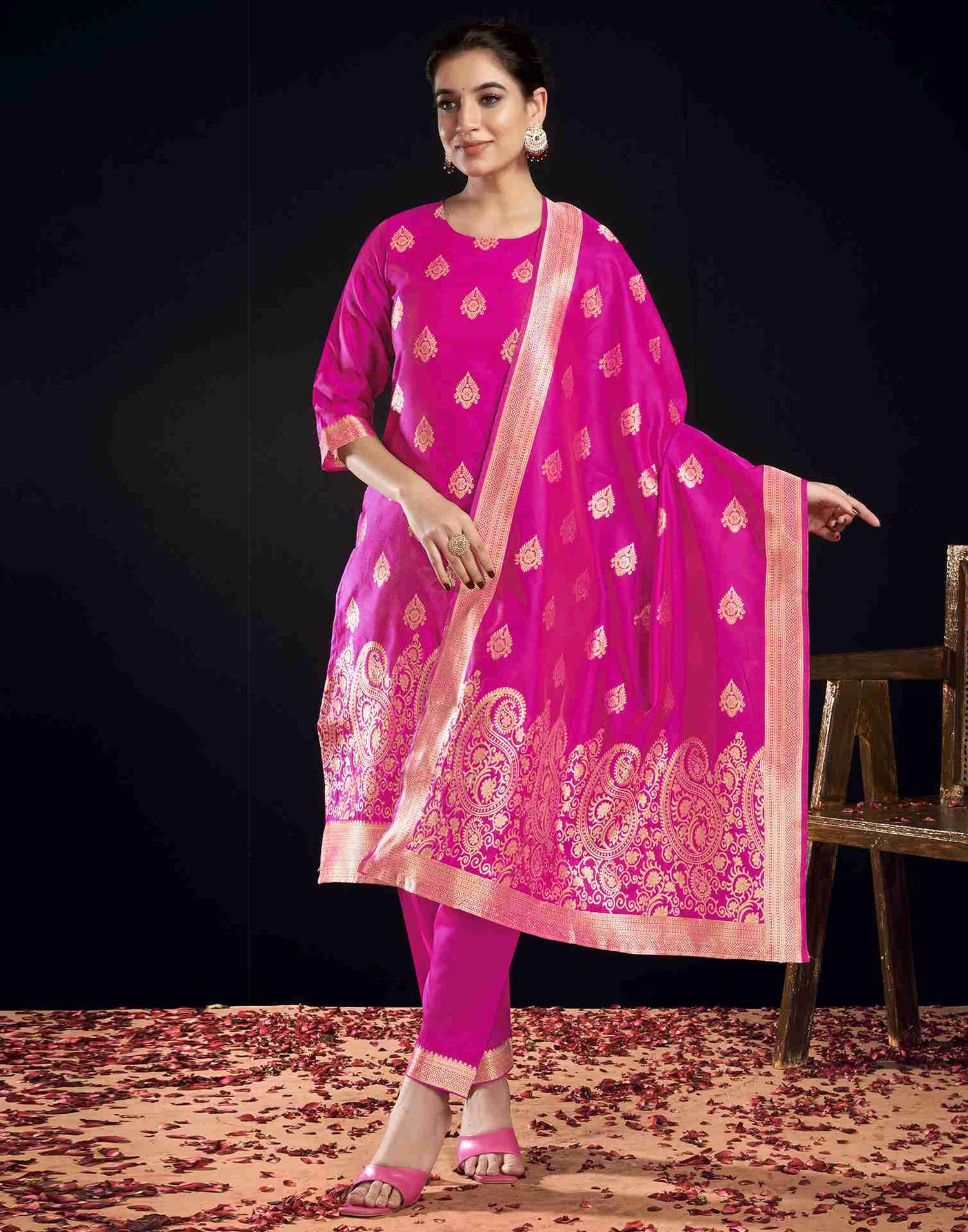 Rani Pink Silk Woven Straight Kurta Set With Dupatta