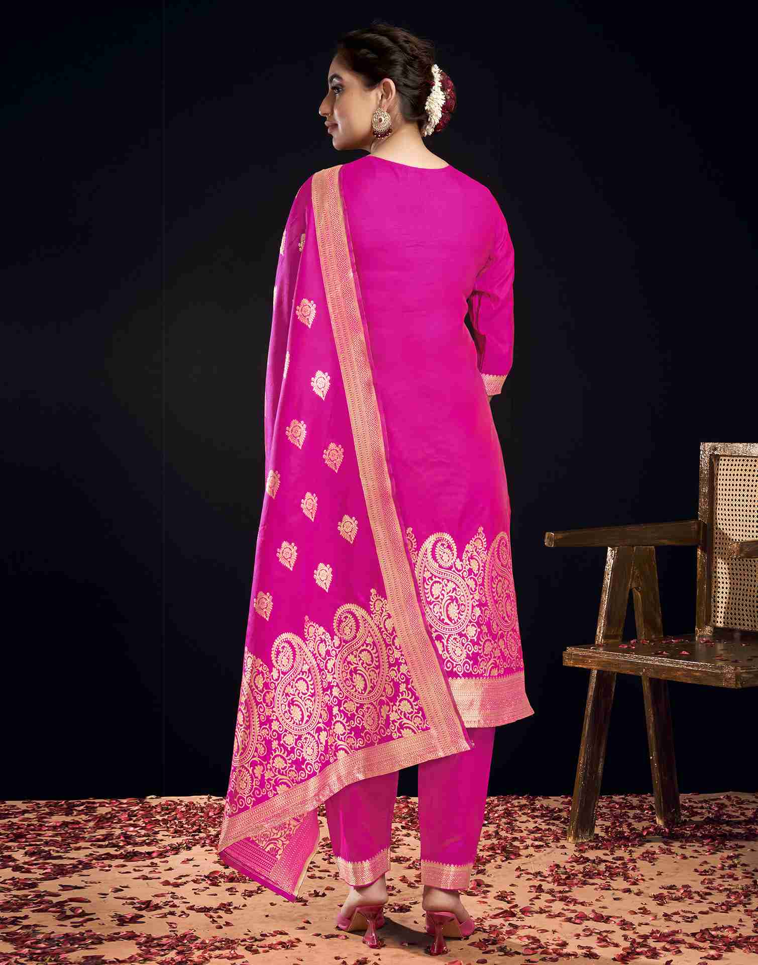 Rani Pink Silk Woven Straight Kurta Set With Dupatta