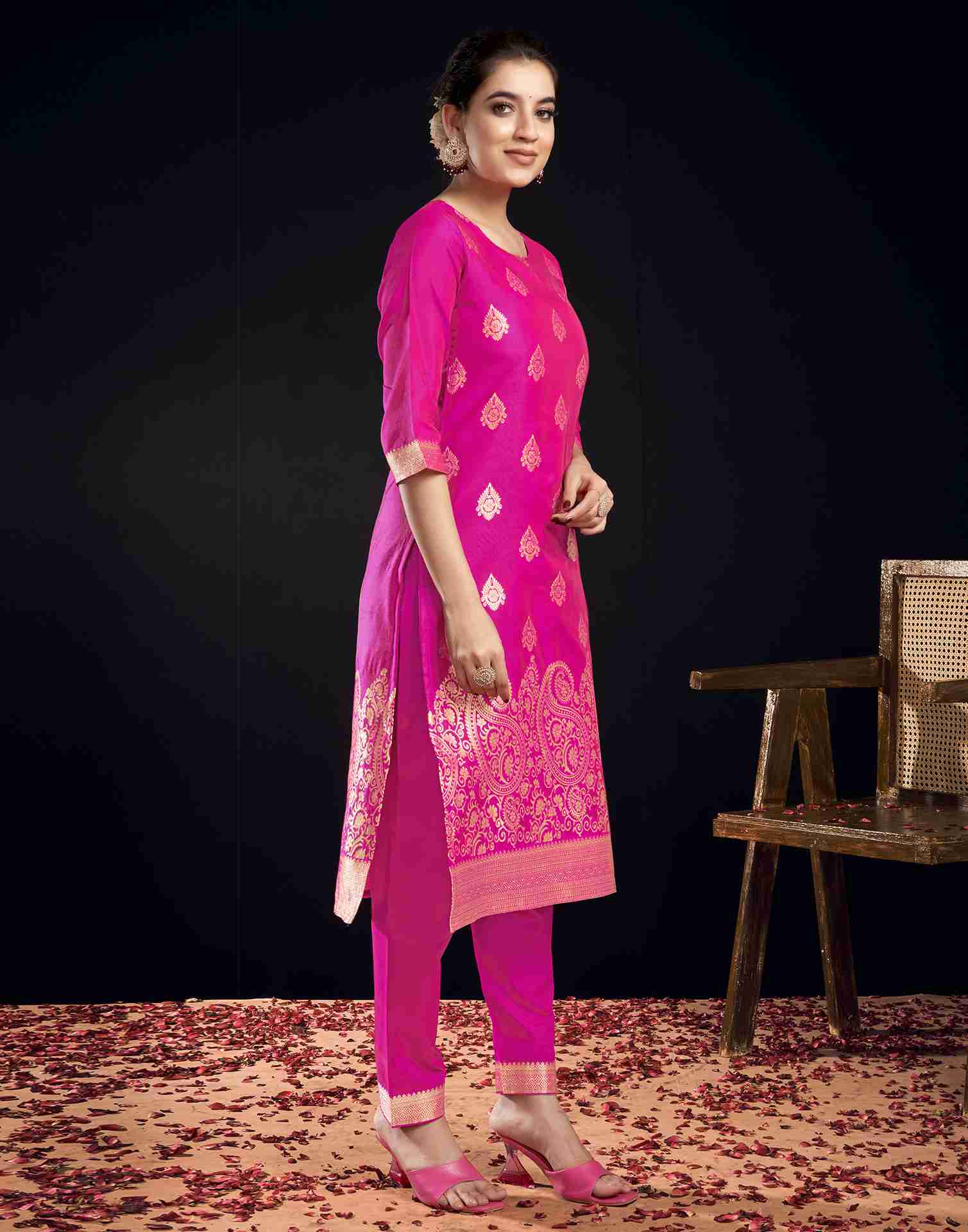 Rani Pink Silk Woven Straight Kurta Set With Dupatta