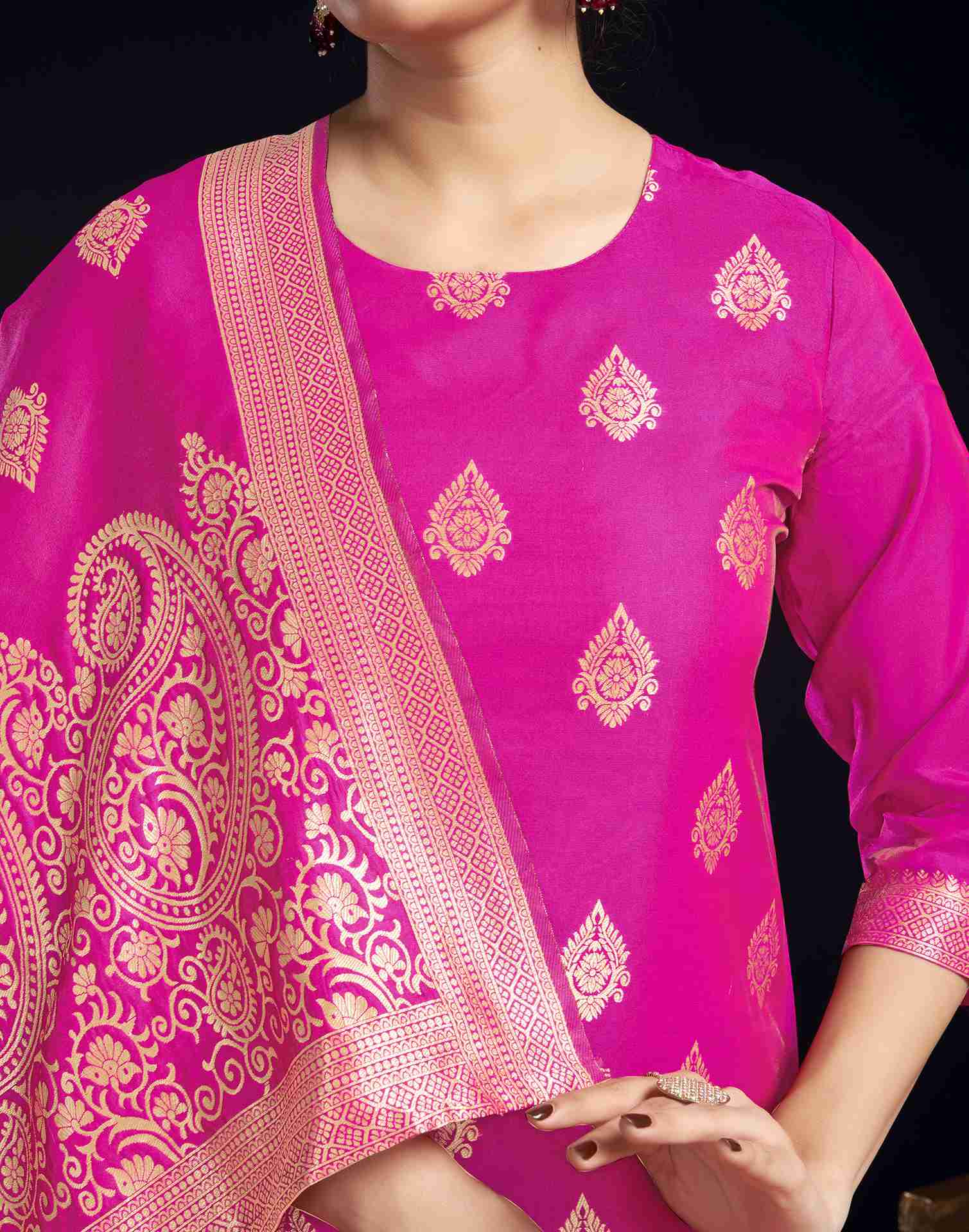 Rani Pink Silk Woven Straight Kurta Set With Dupatta