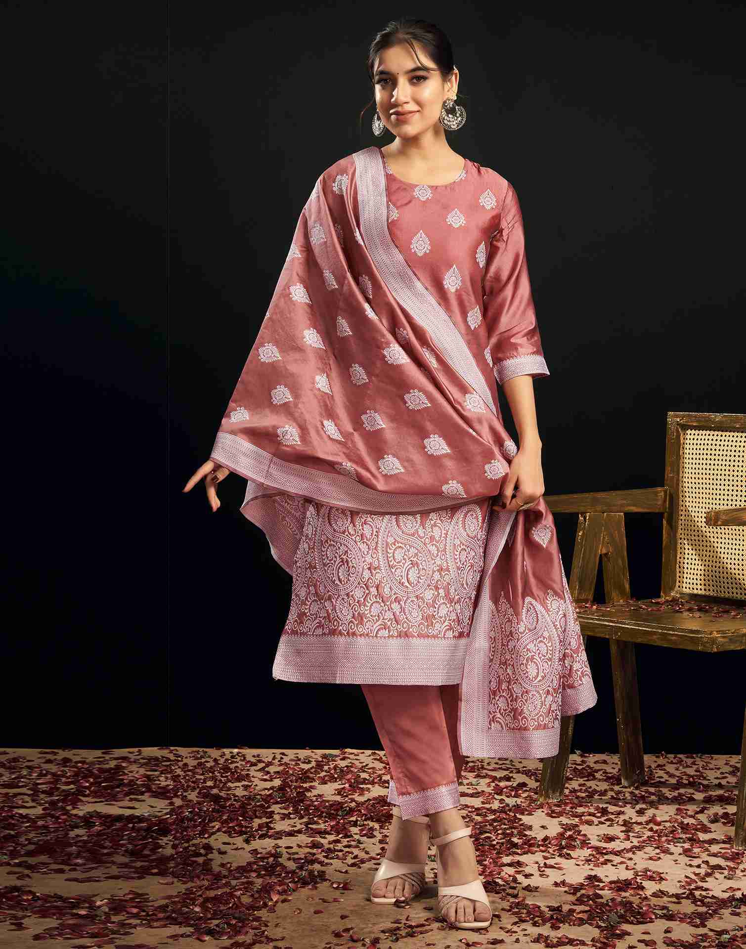 Dusty Pink Silk Woven Straight Kurta Set With Dupatta