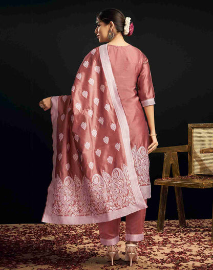 Dusty Pink Silk Woven Straight Kurta Set With Dupatta