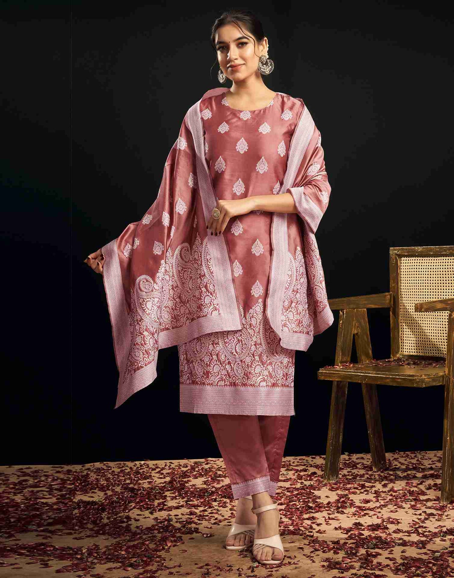 Dusty Pink Silk Woven Straight Kurta Set With Dupatta