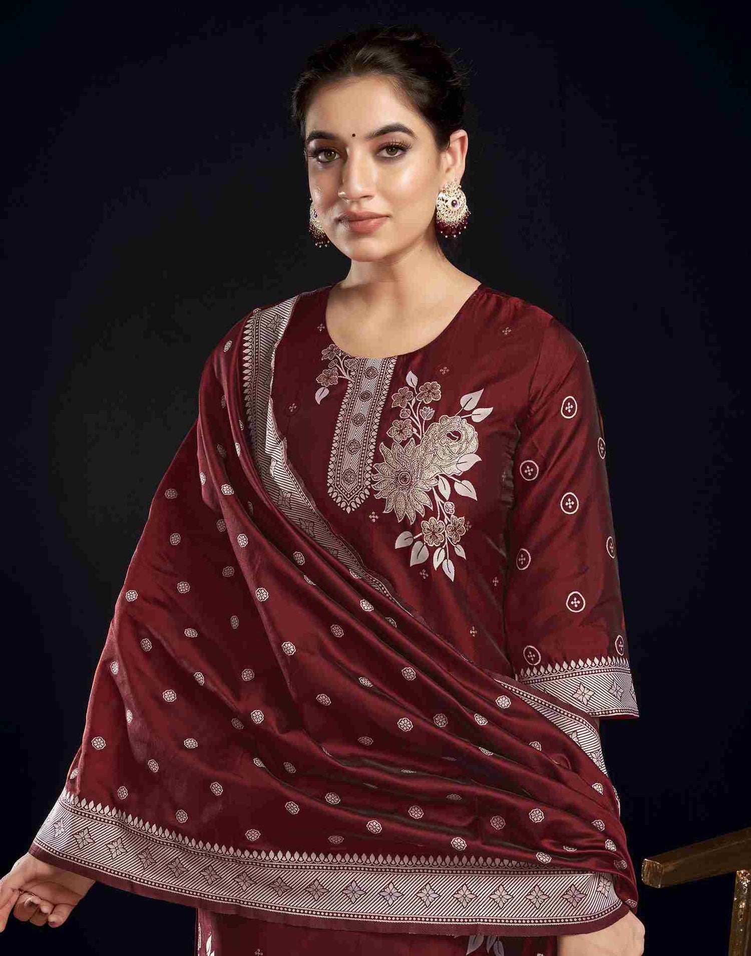 Maroon Silk Woven Straight Kurta Set With Dupatta