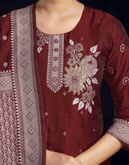 Maroon Silk Woven Straight Kurta Set With Dupatta