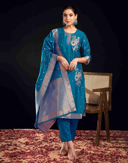 Rama Blue Silk Woven Straight Kurta Set With Dupatta