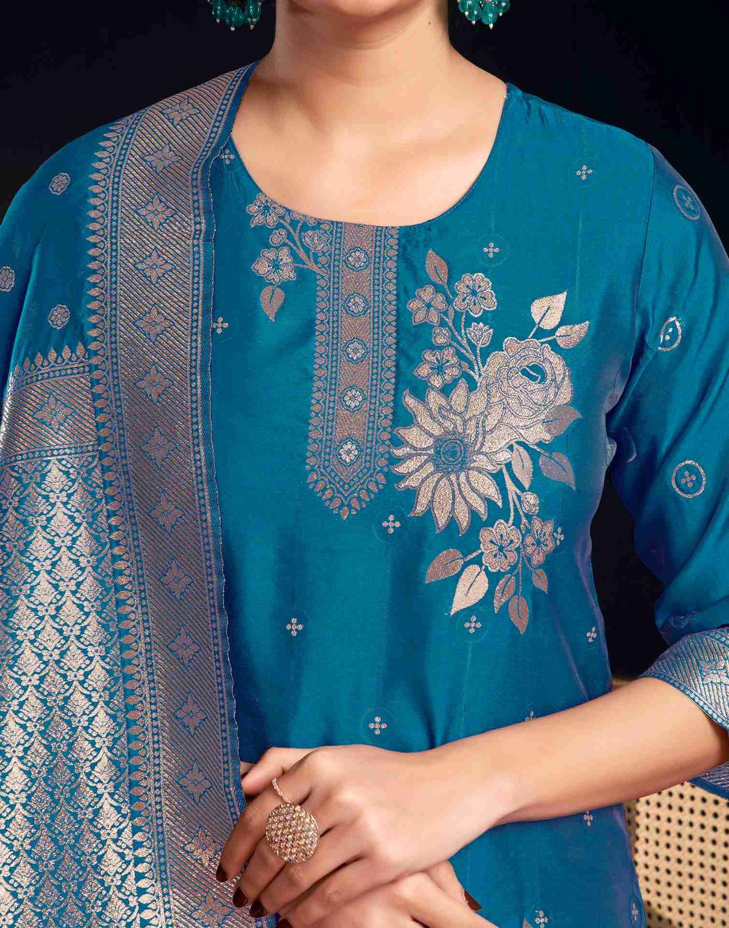 Rama Blue Silk Woven Straight Kurta Set With Dupatta