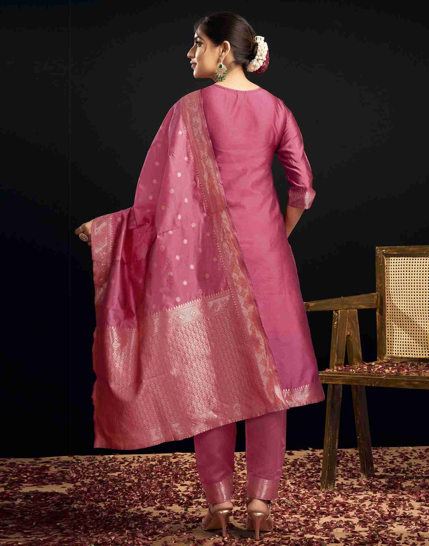 Ross Pink Silk Woven Straight Kurta Set With Dupatta