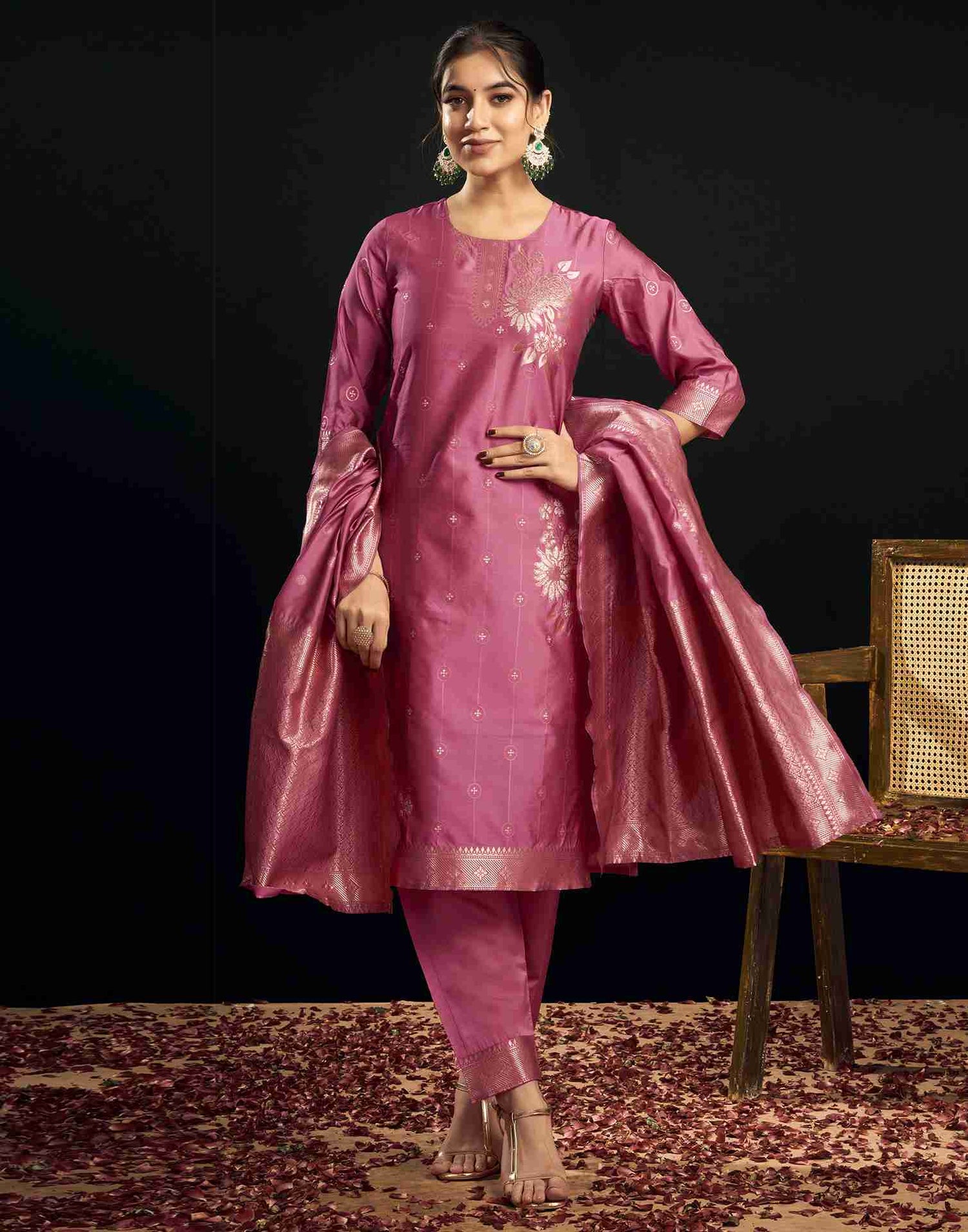 Ross Pink Silk Woven Straight Kurta Set With Dupatta