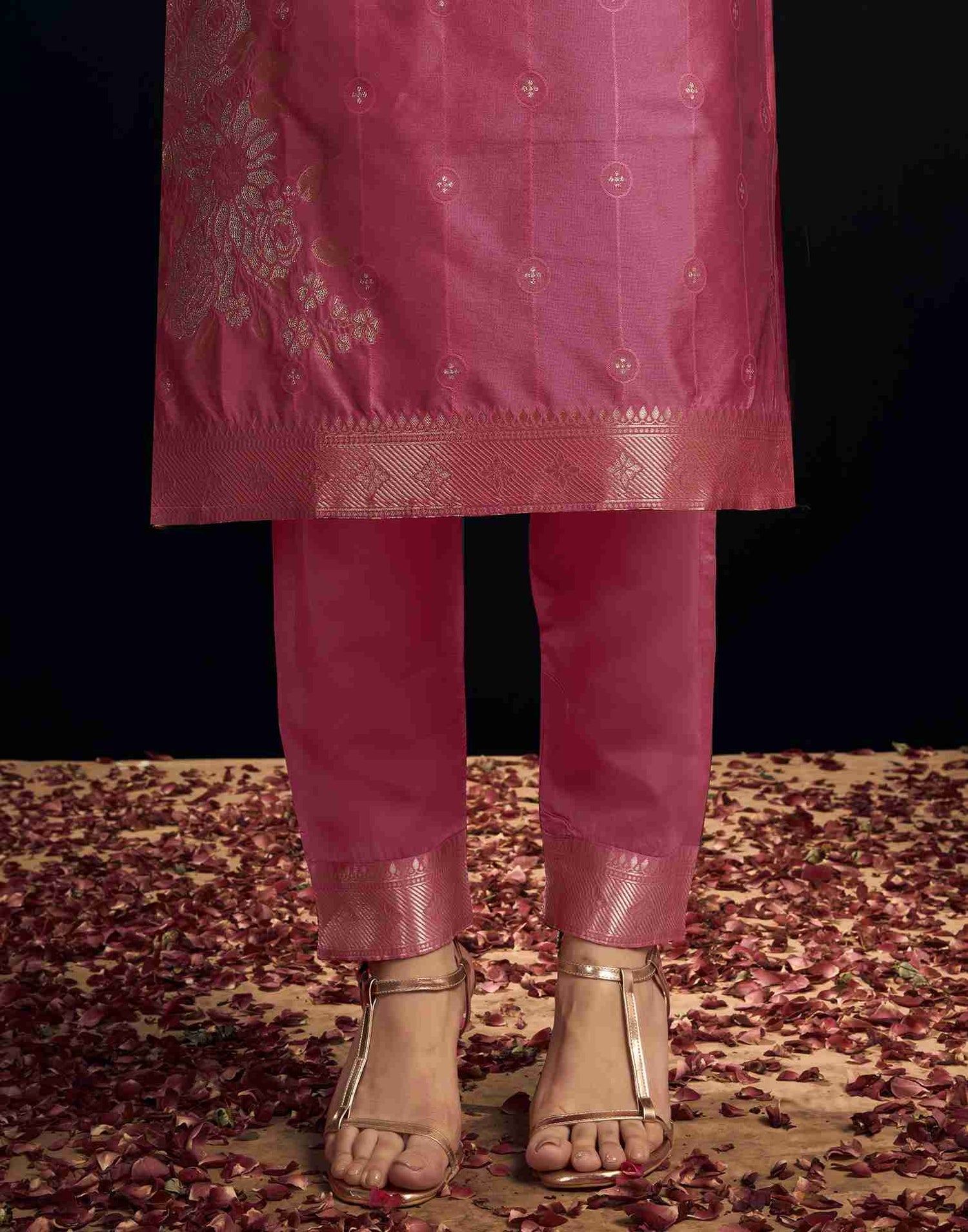 Ross Pink Silk Woven Straight Kurta Set With Dupatta