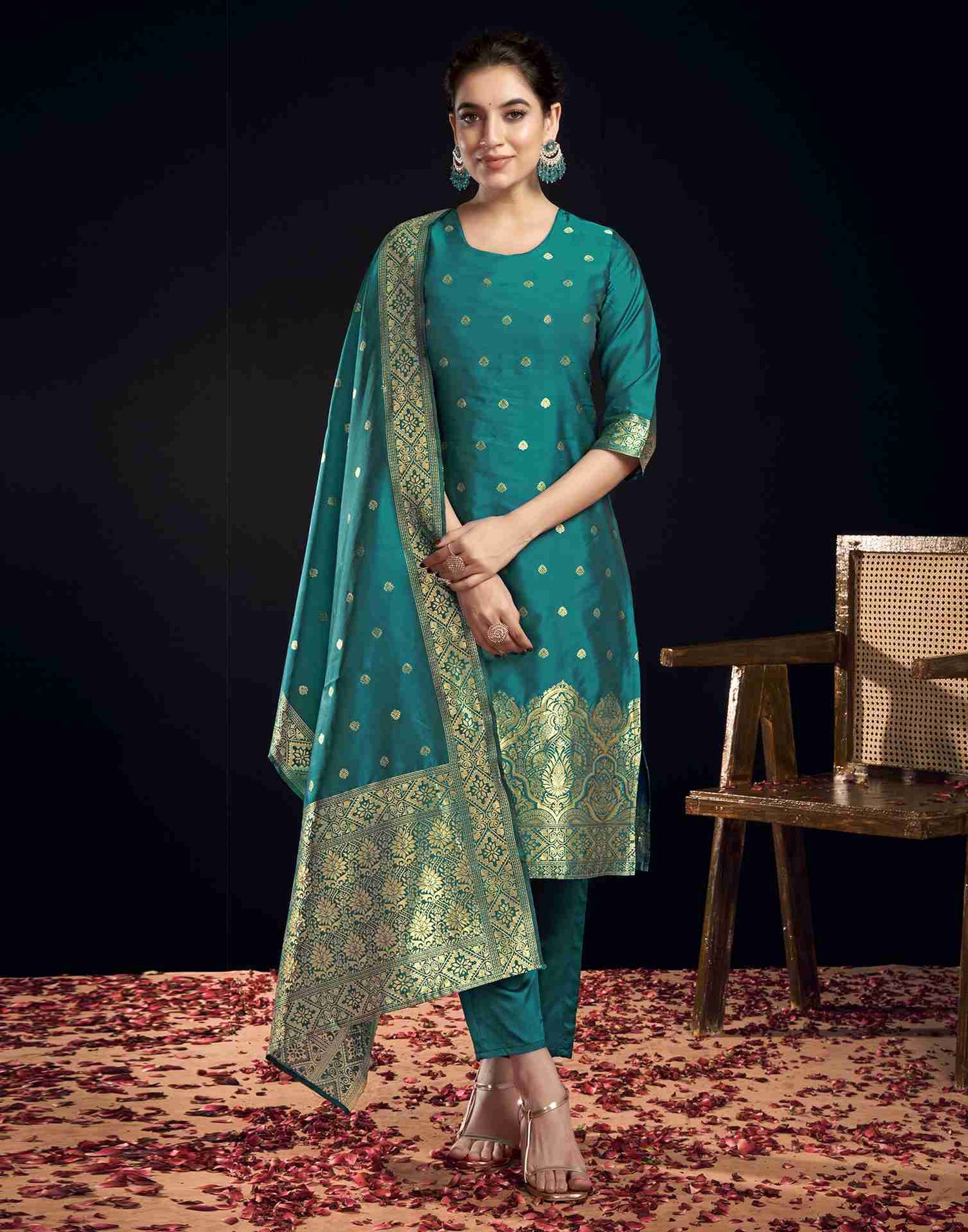 Teal Green Silk Woven Straight Kurta Set With Dupatta