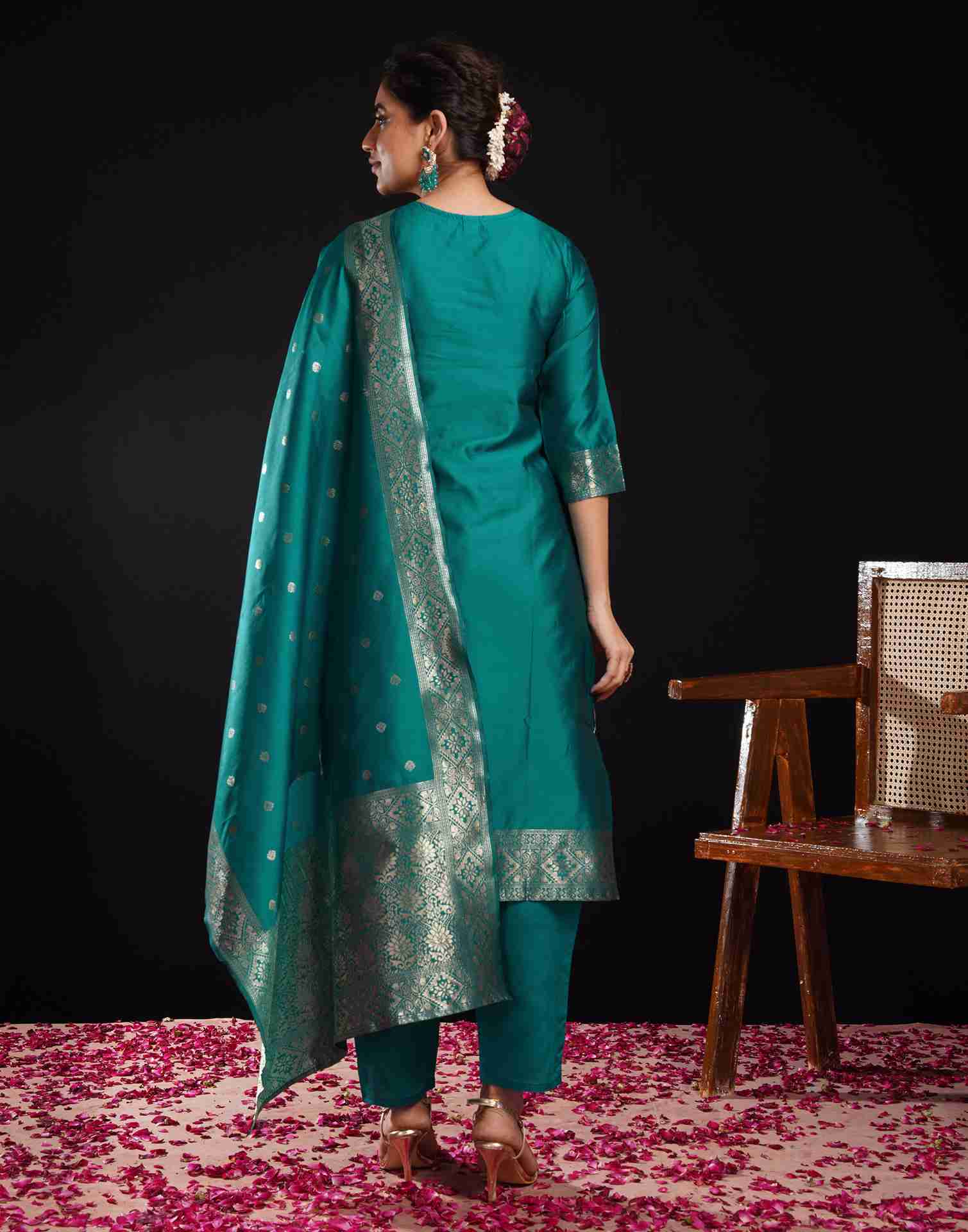 Teal Green Silk Woven Straight Kurta Set With Dupatta