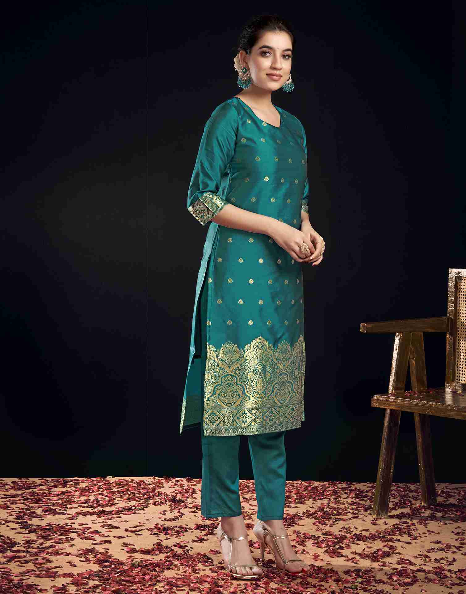 Teal Green Silk Woven Straight Kurta Set With Dupatta