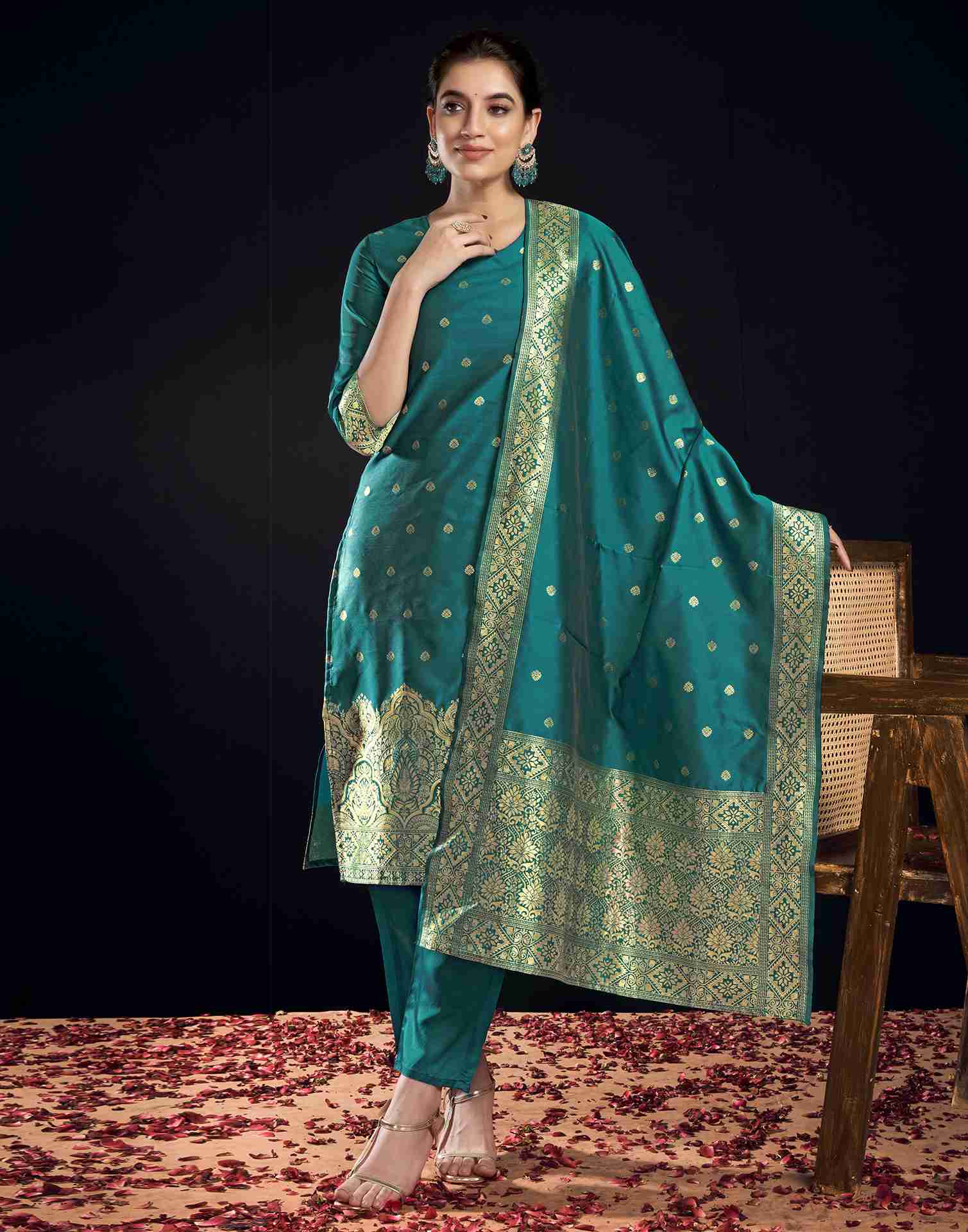 Teal Green Silk Woven Straight Kurta Set With Dupatta