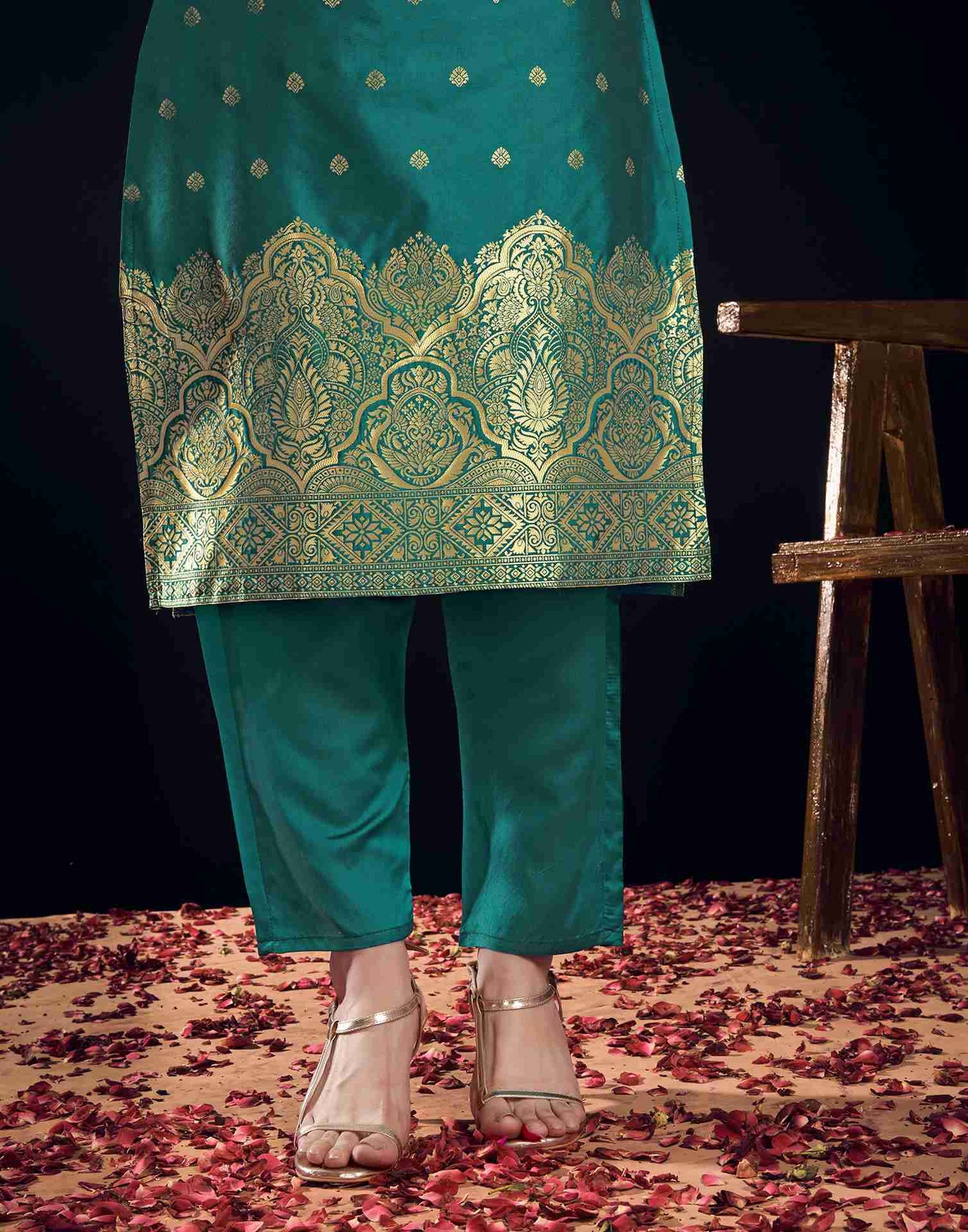 Teal Green Silk Woven Straight Kurta Set With Dupatta