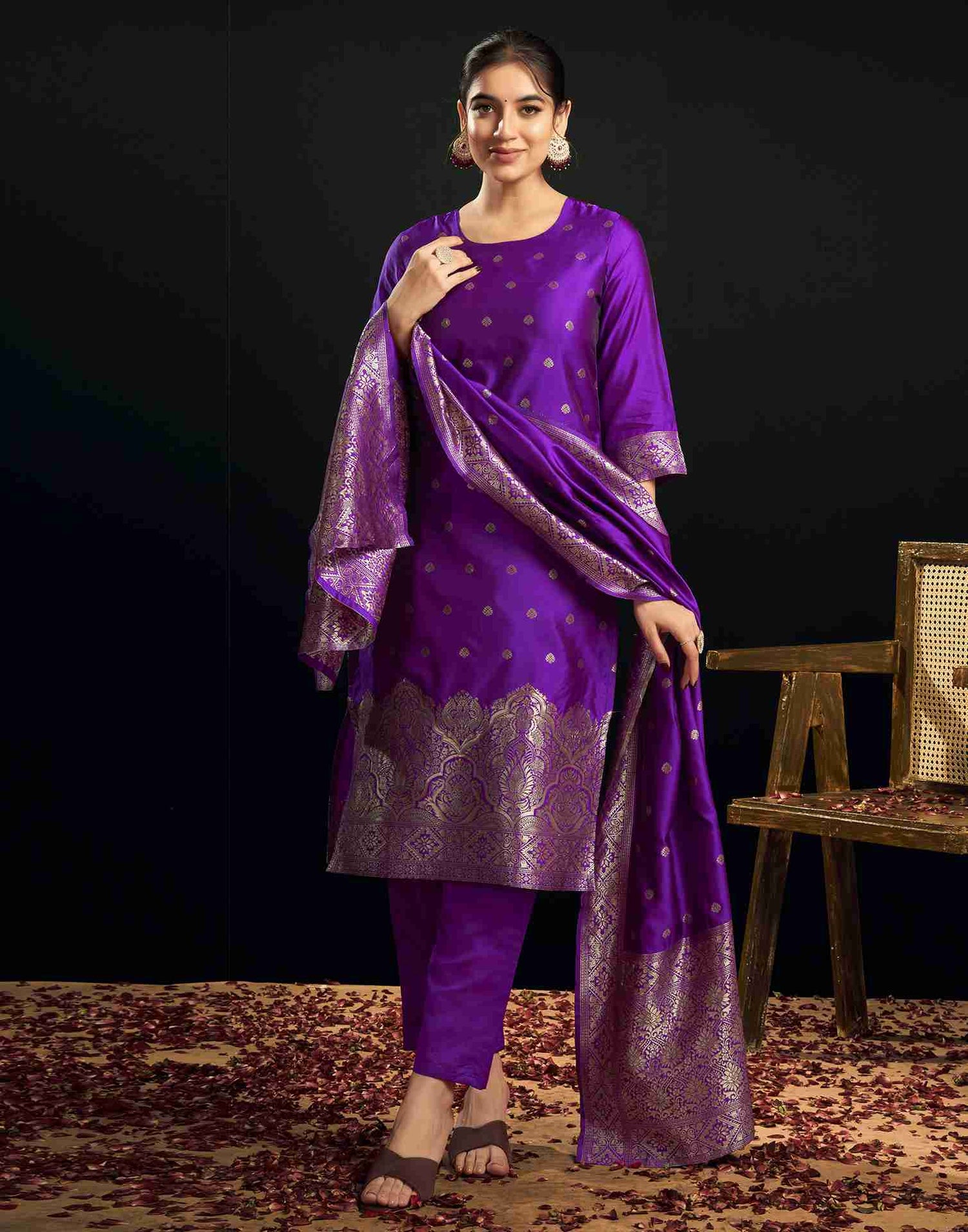 Violet Silk Woven Straight Kurta Set With Dupatta