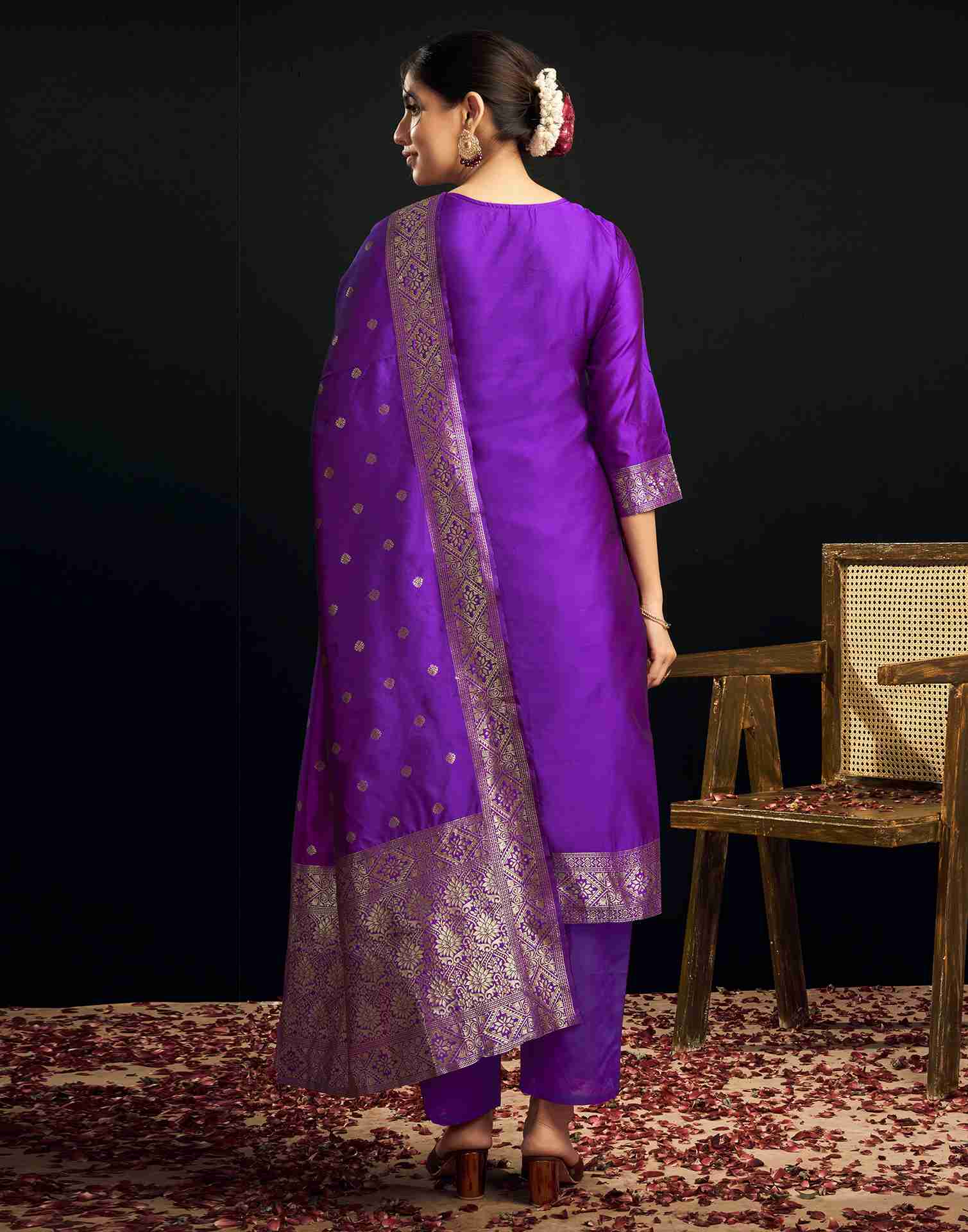 Violet Silk Woven Straight Kurta Set With Dupatta