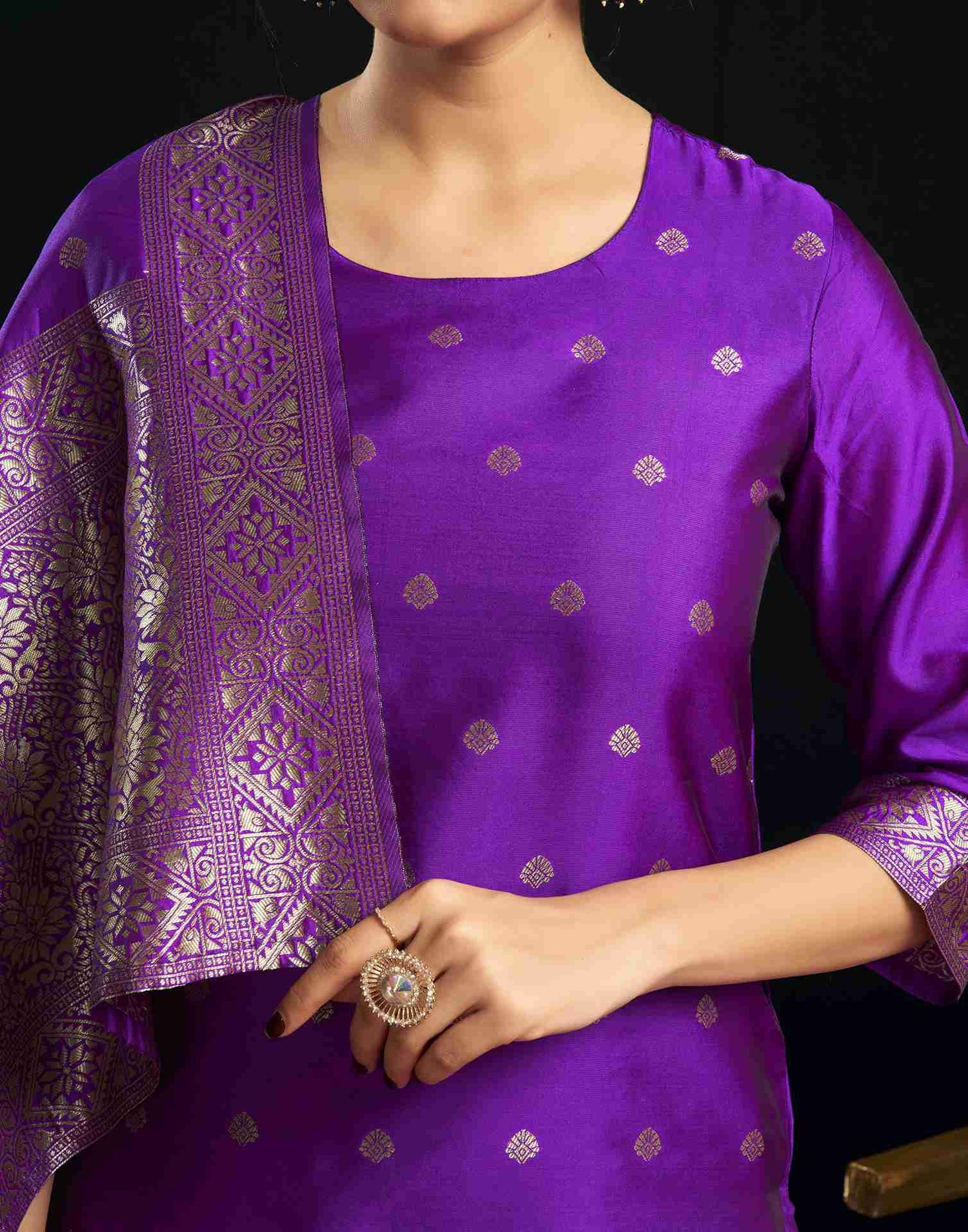 Violet Silk Woven Straight Kurta Set With Dupatta