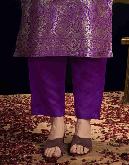 Violet Silk Woven Straight Kurta Set With Dupatta