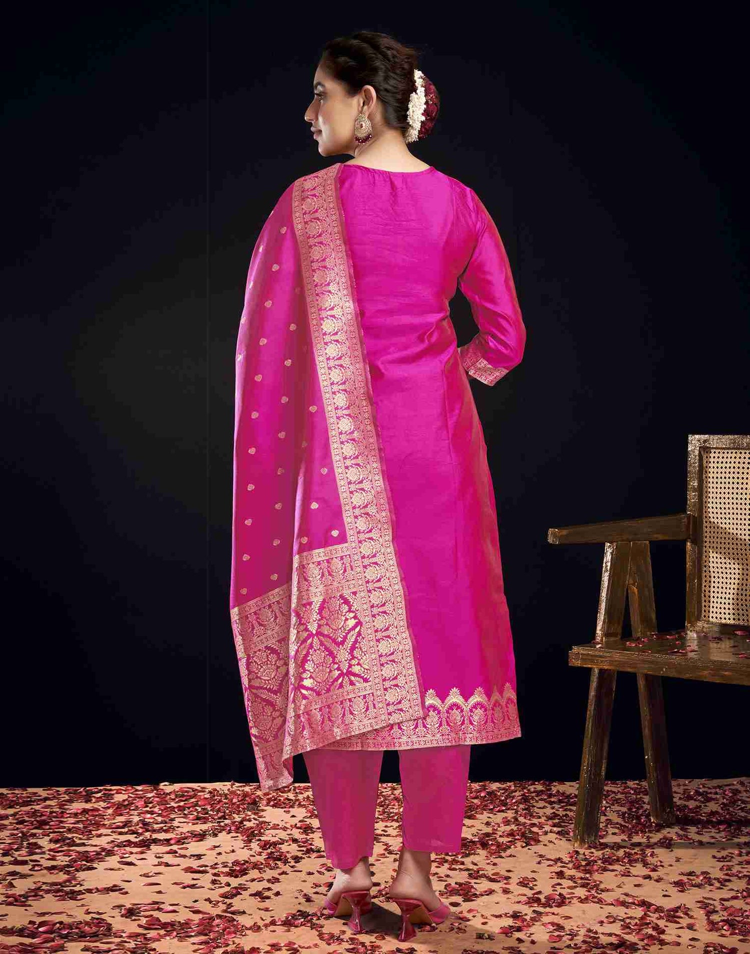 Rani Pink Silk Woven Straight Kurta Set With Dupatta