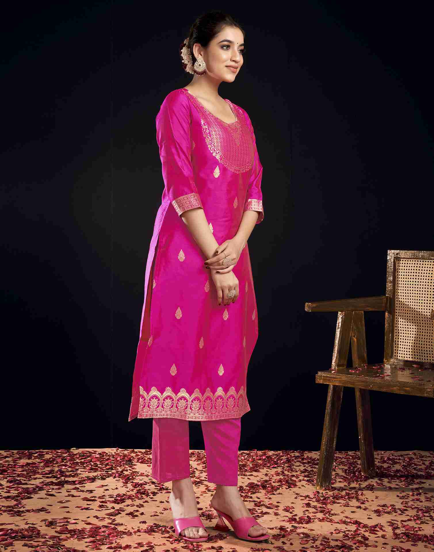 Rani Pink Silk Woven Straight Kurta Set With Dupatta