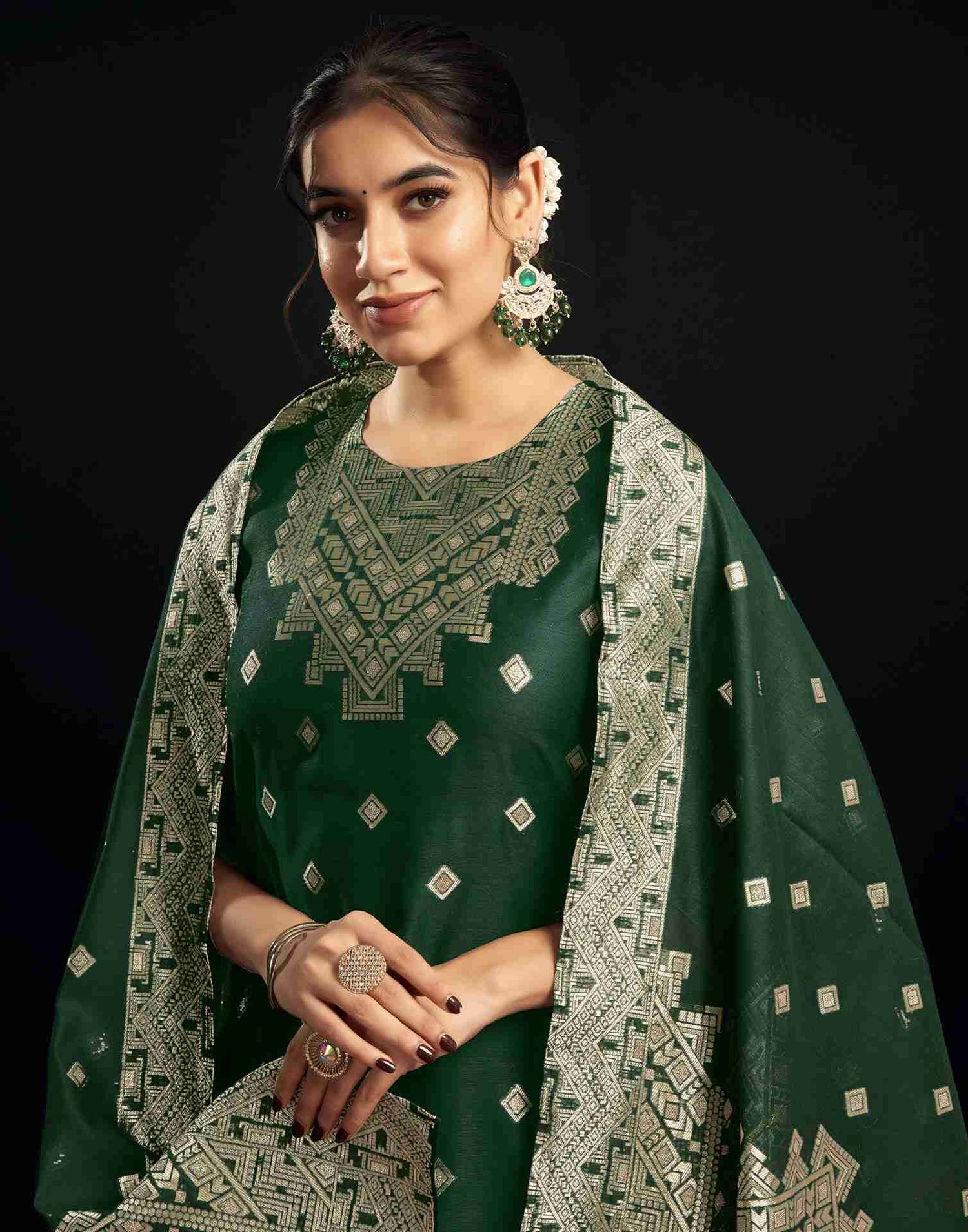 Bottle Green Silk Woven Straight Kurta Set With Dupatta