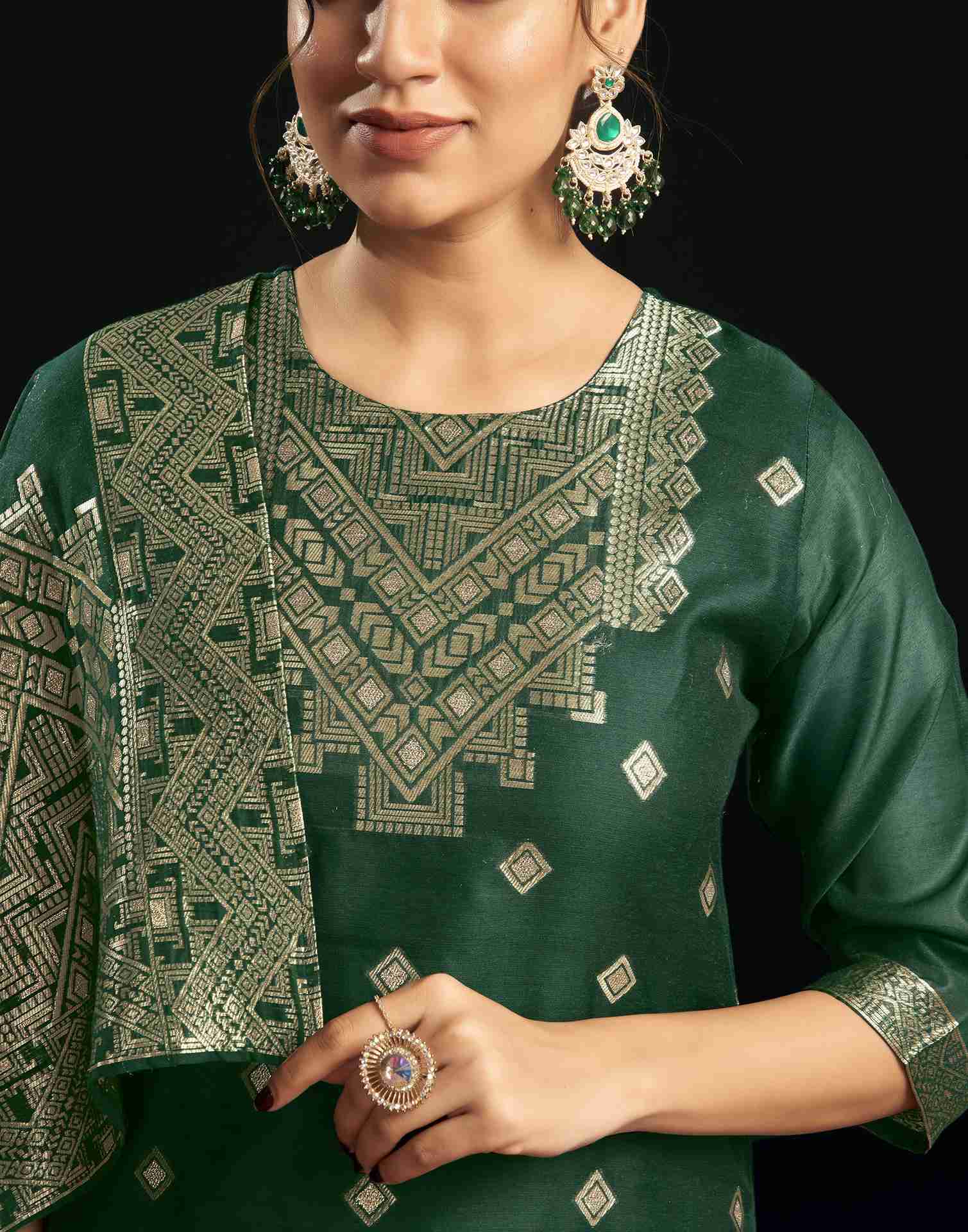 Bottle Green Silk Woven Straight Kurta Set With Dupatta